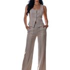 Conjunto 2 Piezas Rayado Top De Tirantes Y Pantal&oacute;n Recto Conj-0195 Gris Set Fresco Casual Para Mujer