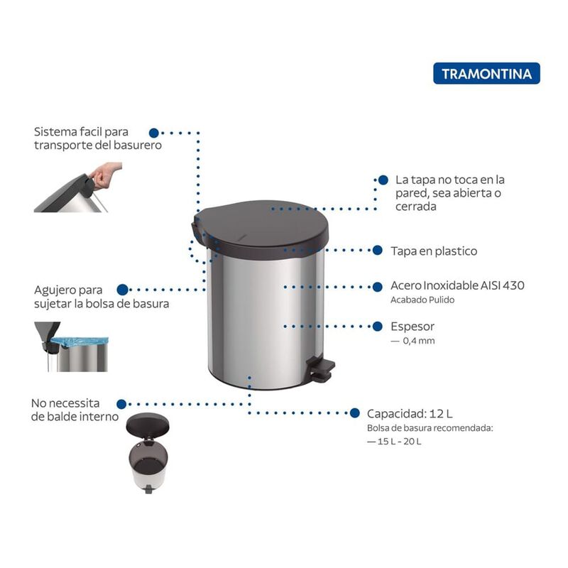 Bote de Basura de Acero Inox. con Pedal Tramont... image number null