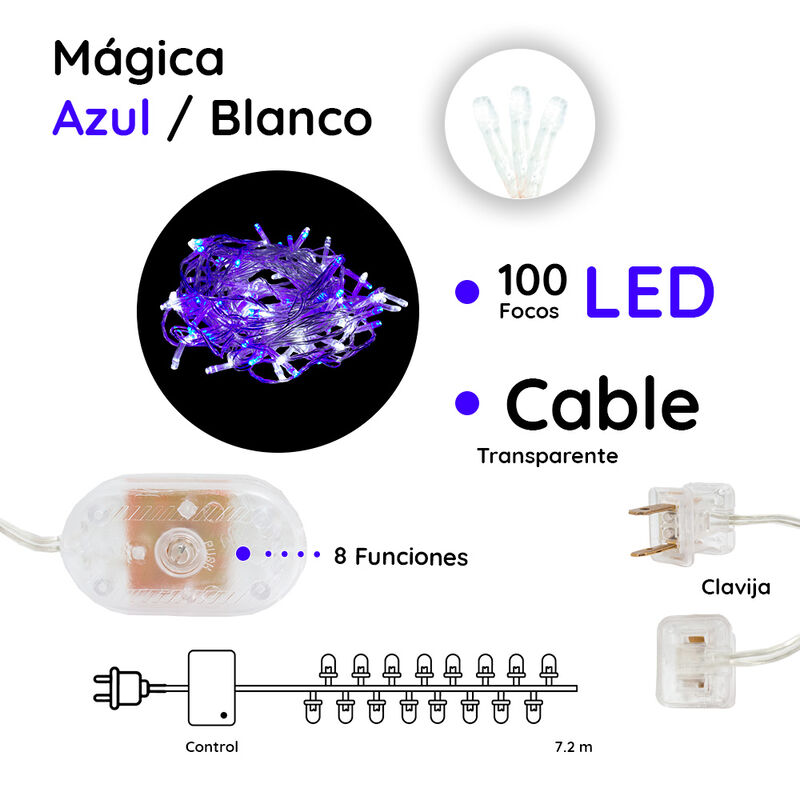 Serie Navideña 100 Led Luz Azul/blanca 8 Funcio... image number null