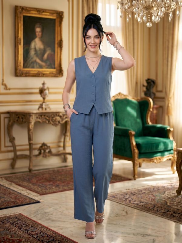 Conjunto 2 Piezas Chaleco Y Pantal&oacute;n Amplio Con... image number null