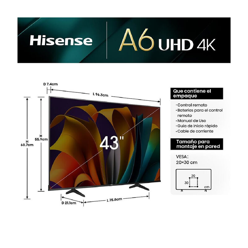 SmartTV Pantalla 43" HISENSE 4K AI Upscaler Vid... image number null