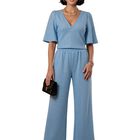 Conjunto 2 Piezas Elegante Con Brillos Conj-0202 Azul Pantal&oacute;n Palazzo Y Blusa Escote V Para Mujer