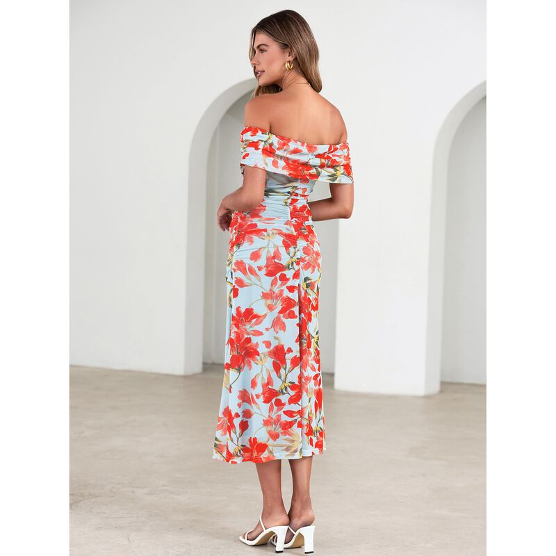 Vestido Simplee Floral Hombro Descubierto Azul ... image number null