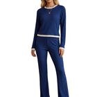 Conjunto 2 Piezas Blusa de Manga Larga y Pantal&oacute;n Recto Conj-0131 Azul Elegancia Casual y Comodidad Total Look Chic para Mujer