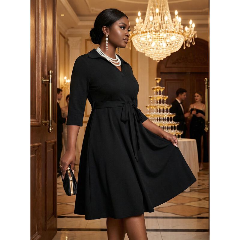 Vestido Midi Fandee Talla Grande Manga 3/4 Negr... image number null