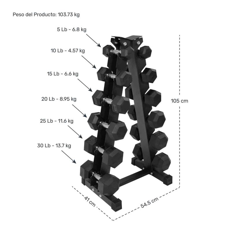 Rack 12 Pesas Hexagonales Mancuernas 5-30 Lb So... image number null