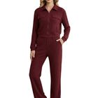 Conjunto Mujer 2 Piezas Tejido Acanalado CONJ-0111 Vino Blusa Manga Larga con Cierre y Pants Rectos para Mujer