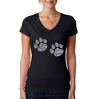 Camiseta De Cuello En V Word Art Para Mujer - Huellas Meow de Gato- Negro