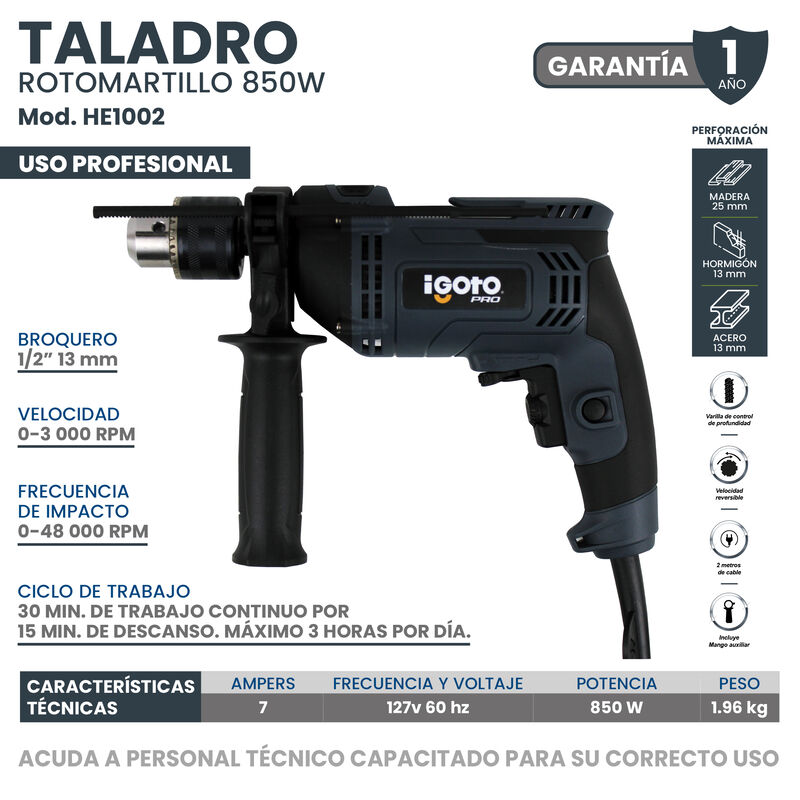 Taladro de Impacto IGOTO PRO 850W HE1002 image number null