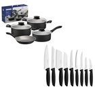 Combo Tramontina Bater&iacute;a De Cocina 7 Piezas Linz Negro + Jgo De Cuchillos Plenus 9 Piezas Negro End