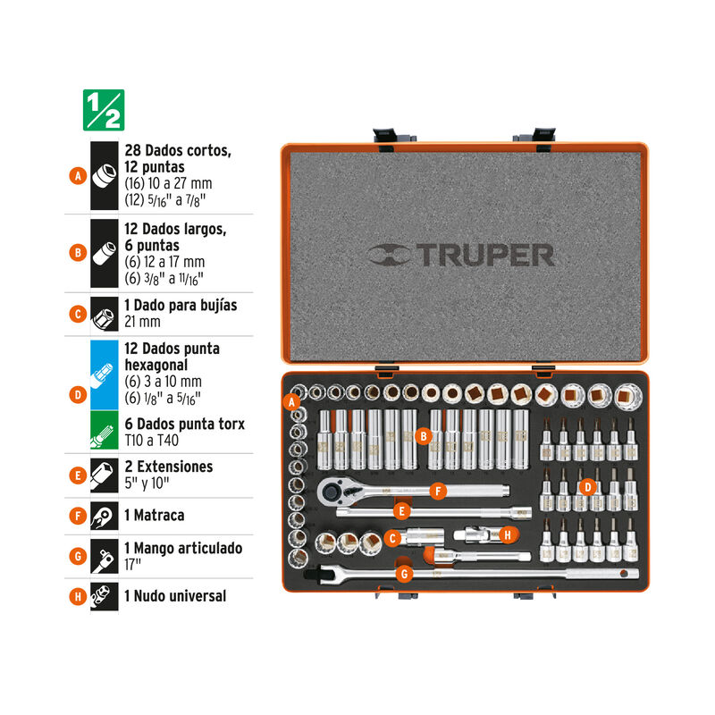 Juego de 64 Herramientas Cuadro 1/2' Std y Mm p... image number null