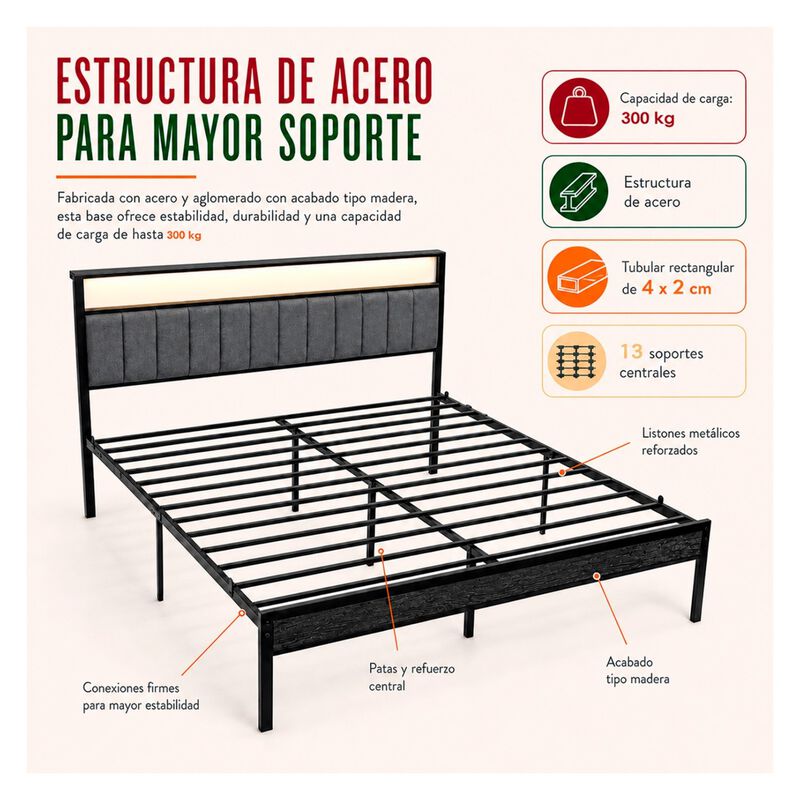 Base Cama Matrimonial Led Usb C Repisas Cabecer... image number null
