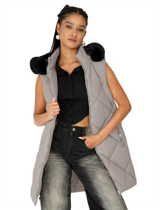 Chaleco Largo Acolchado Mujer Con Gorro image number null