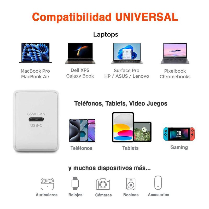 Cargador r&aacute;pido AC HYPERGEAR USB-C PD 65W GaN P... image number null