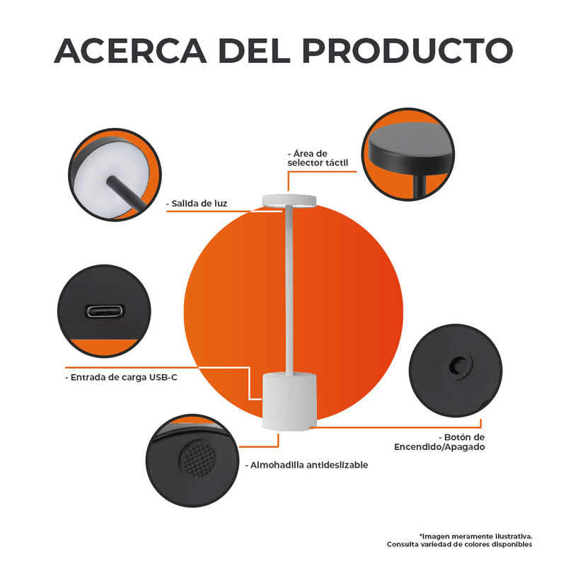 Lámpara de Mesa LED 3 W Portátil, Recargable, L... image number null