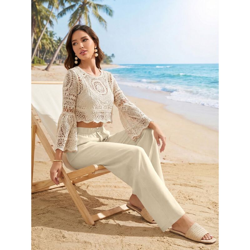 Pantalones de Lino Copyleaf, Pierna Ancha y Cin... image number null